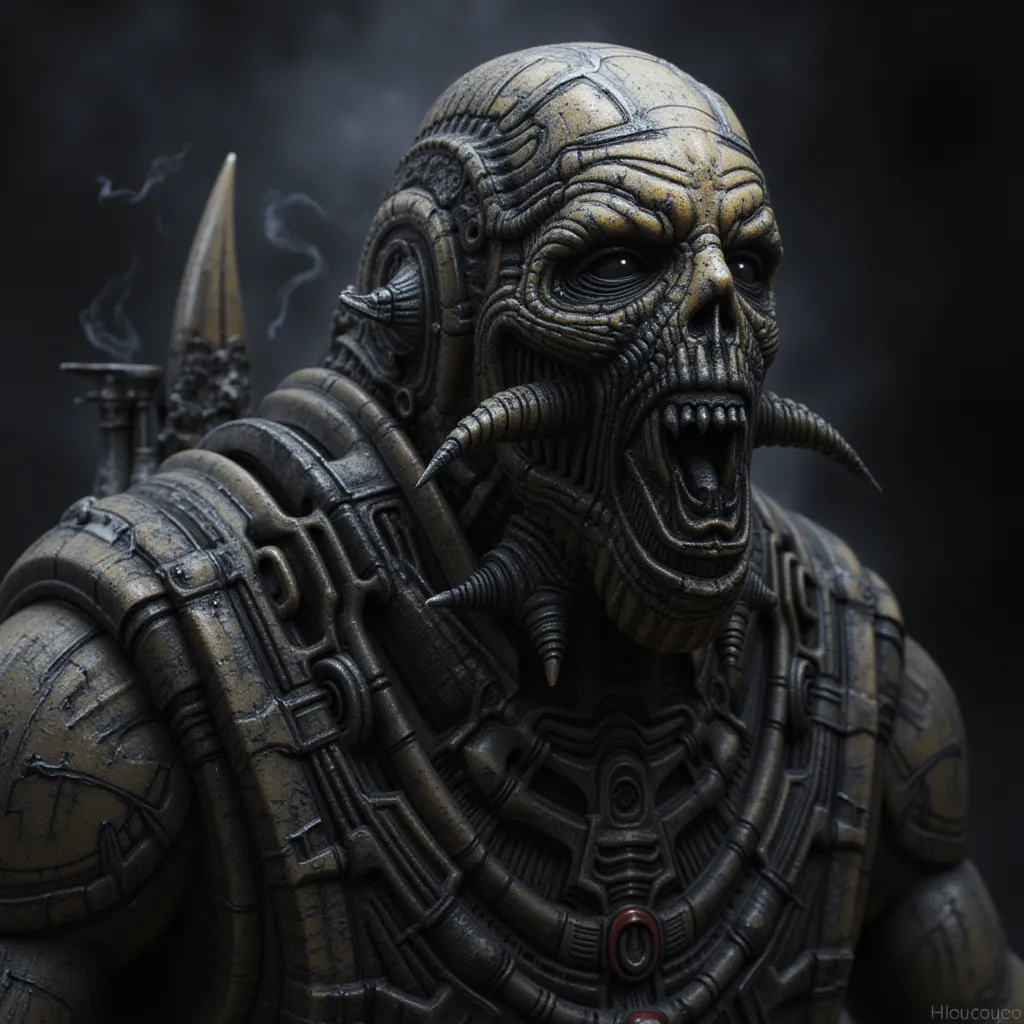  3d rendering , ,  action figure ,(((  full body image))),  steampunk, mechanical, devil, skull face,  Cthulhu's monster, bad and horrible style, realistic pictures, Digital image .