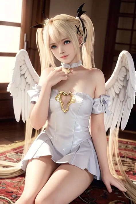 Marie rose, twin tails, blonde hair, master-piece, best quality, angel outfit, angel accessories, halo, angel wings, slight smile