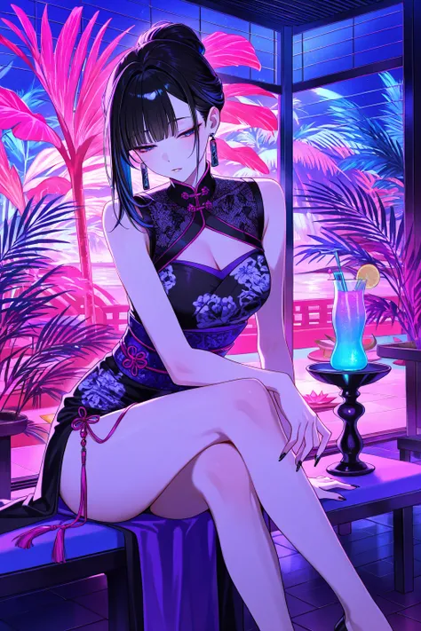 [gyaru:1.3], cool beauty, black hair, slender body, half-closed eyes, rest, Japanese exotic fashion, tropical motif room, feet out of frame, neon color,