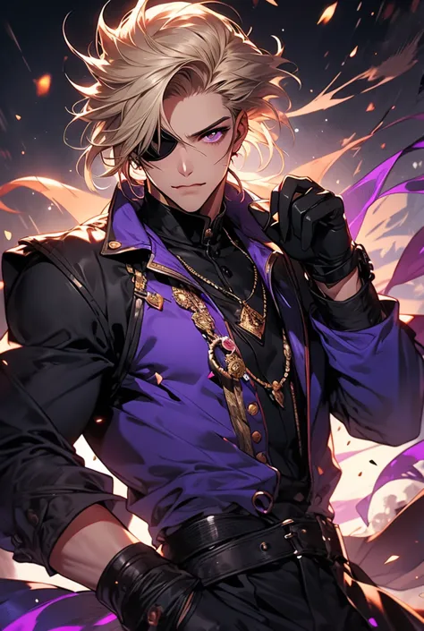 Fair skinned male, black and blonde hair, black eye patch, sharp fangs, bright purple eyes, good quality, perfect hands, black gloves