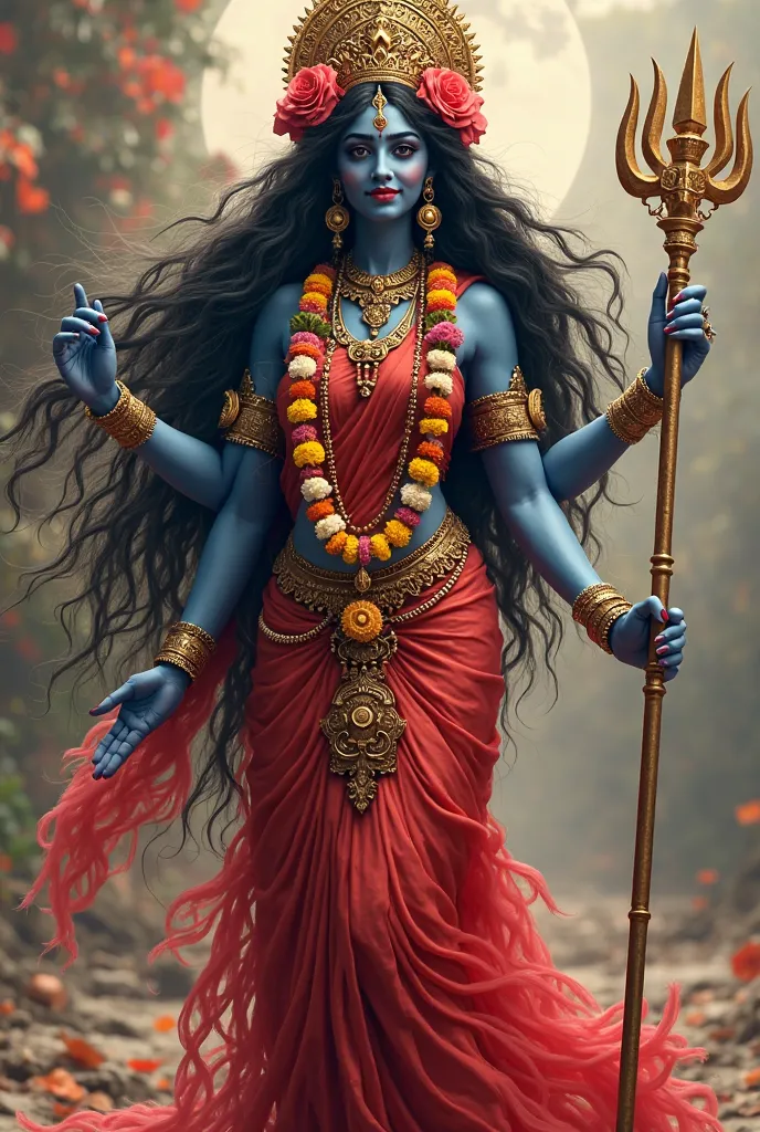 Hindu crowned goddess kali standing full body in red saree wearing a garland of flowers, long wild flowing black hair to the knees, tangled and slightly windblow, dark blue skin with four arms holding a trident and smiling