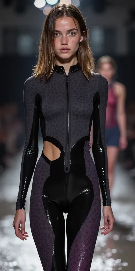 a beautiful wet young aged woman wearing a dull darkgrey plum jaguarprint leopard panther creative designer ripped cut wetsuit extreme highrise leotard crotch. Pointy hipbones pushed outfront, lots of bright light. Well-lit runway photo spotlight yungmodel...