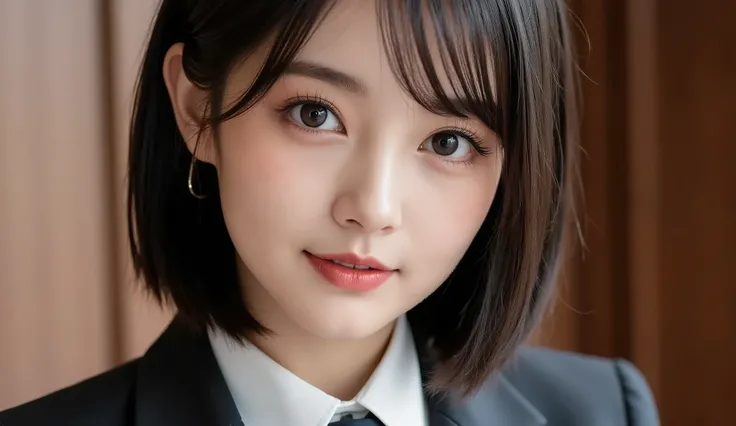 8k,Ultra High Definition , TOP QUALITY, masterpiece,rule of thirds,golden ratio,surreal, photos, one woman,( girls on the left:1.3),cute,cute顔, Beautiful Eyes in Every Detail , 細かくexhaustive,mature woman, princess,cowboy shot,smile, black hair, long bob...