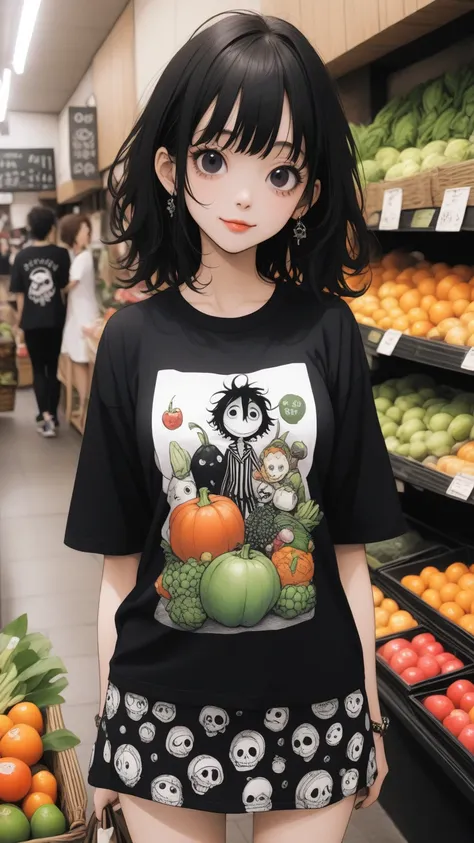 Tim Burton Style、 printed t-shirt 、miniskirt、Greengrocer front 、