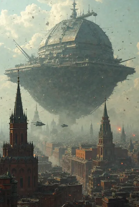 A huge Combine worldship from Half-Life 2 engaged in Battle with a UNSC Destroyer. The battle takes place in the city skyline of Moscow, there is destruction everywhere and the St.Peters Cathedral remains untouched.