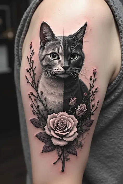 Create a cat in the half semicalaveric aethetic and that rose stems appear on the left side of the cat and outside the tattoo on the left side say Duvan Sebastian and on the right side there are roses and outside the tattoo say Juan Camilo all in black and...