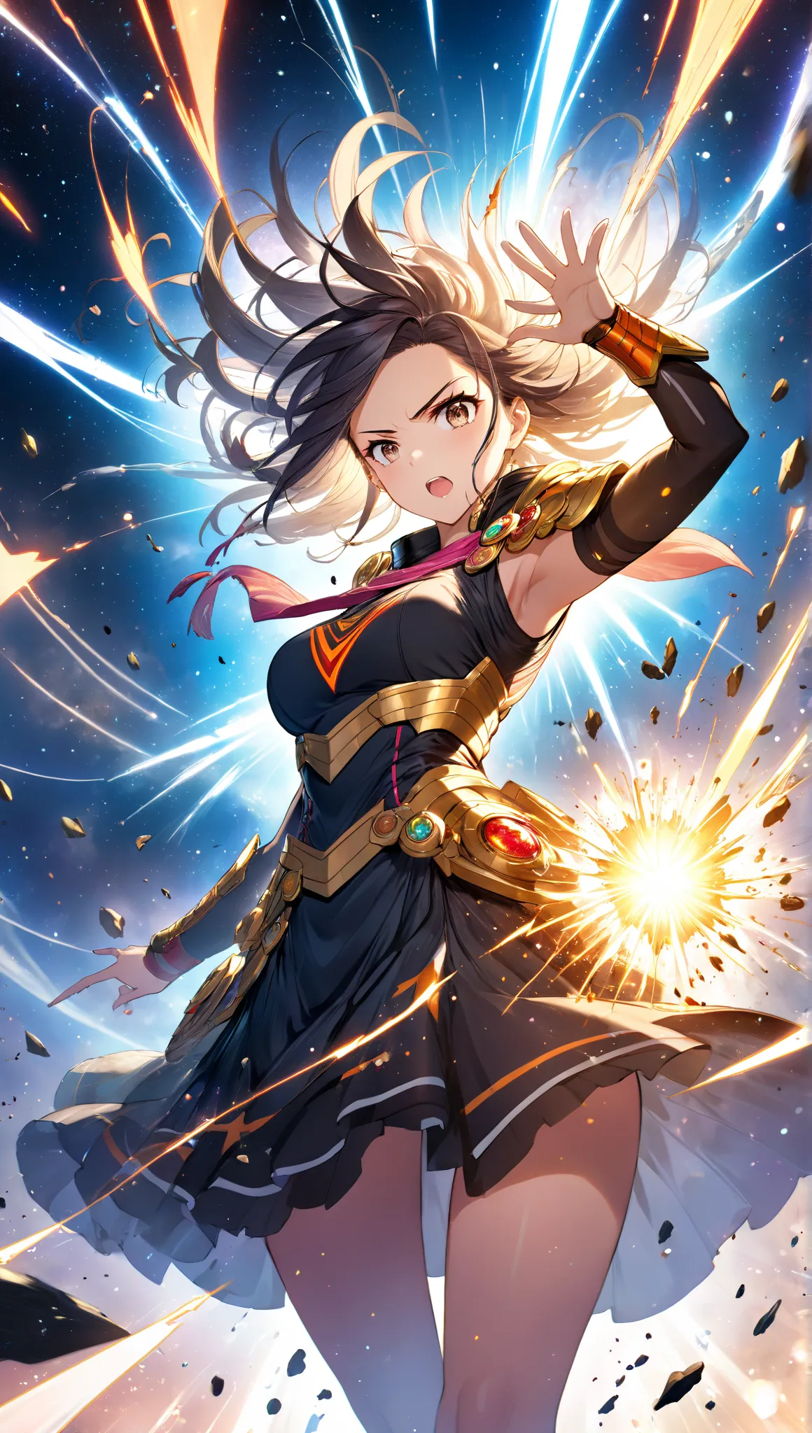 A powerful female warrior unleashing a devastating cosmic energy explosion. She stands in a dramatic pose, both arms raised high above her head as she gathers an immense force of energy. Her expression is fierce and determined, radiating sheer power. Count...