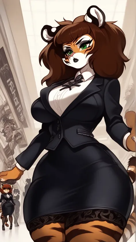 score_9, score_8_ upwards, score_7_ upwards, score_6_ upwards, score_5_ upwards, anthropomorphic furry female tiger,  Brown hair, white accents, long hair,  dumb bangs, green eyes, tiger tail , tiger ears,  fully clothed , (big breasts: 1.2), (Wide hips: 1...