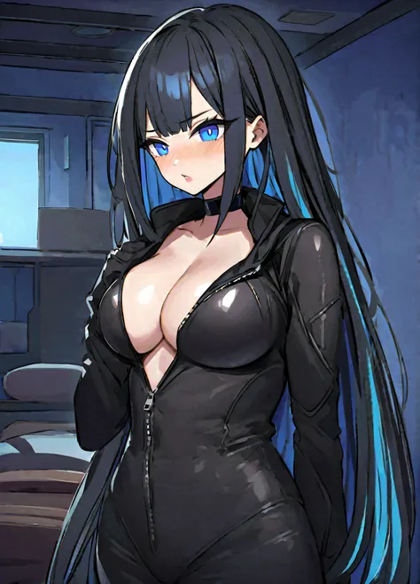 safe_pos, score_9, score_8_up, score_7_up,source_anime,black leather lazing suit with open chest,Thick lips,depression,20 years old,woman, black hair, blue inner hair, two toned hair, blue eyes ,gothic,large breasts,goth girl, black lipstick, long straight...