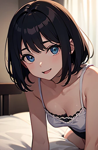 1 girl、cute、smile、 blue eyes、 black hair、(shortcuts)、beautiful breasts、valley、 white camisole that floats above the sea、Black dolphin shorts、( on all fours)、 bed、(facing the front:1.3)、watching viewers、(upper body closeup)、digital art、