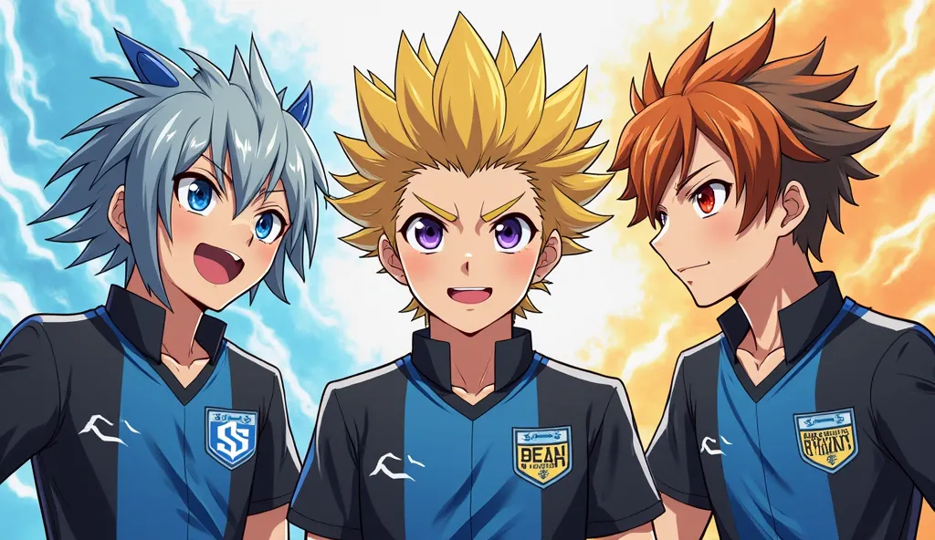 3 hommes adultes de 18 ans ans menaçants de l'anime Blue lock Soccer Drive saison 3 
garçon 1 cheveux bleu et gris longs forme dragons yeux écarlate stylé artificiellement.
Visage sauvage en tirant la langue.
avec une aura de lion enflammé autour de lui.un...