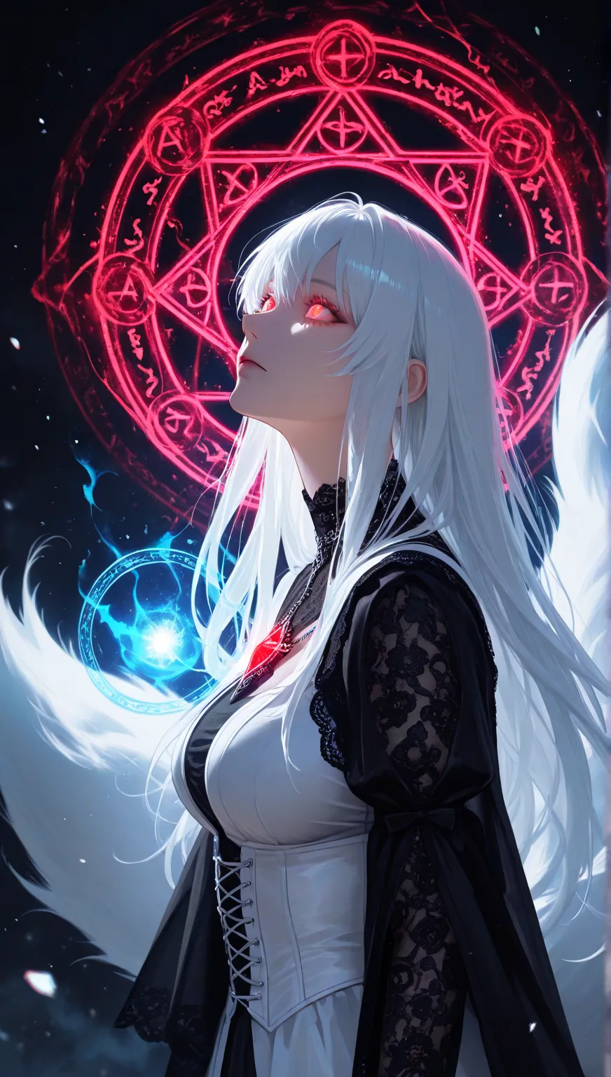 masterpiece, high score, great score, absurdres, close-up, beautiful woman, highres, ultra-detailed), realistic,,1 sweet girl, A mystical style character with long, flowing white hair and glowing red eyes, standing within an intricate, glowing blue magic c...