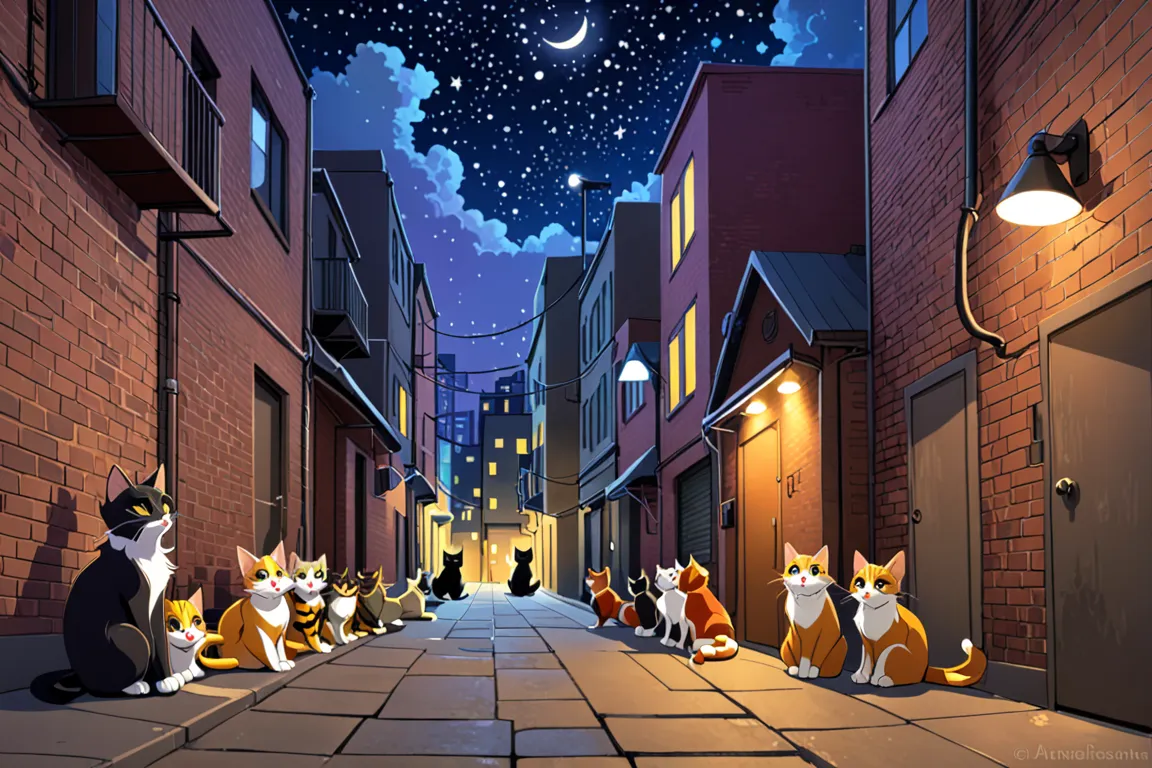 A clowder of alley cats in a city at night under the stars 