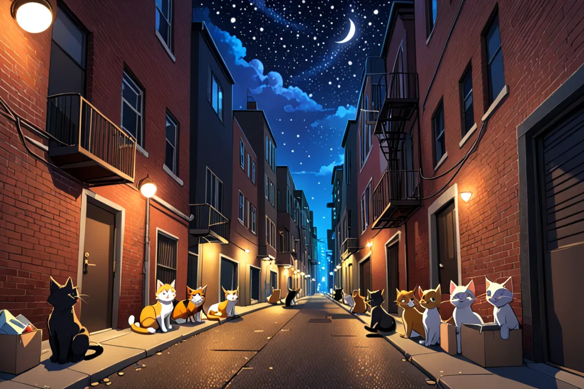 A clowder of alley cats in a city at night under the stars 