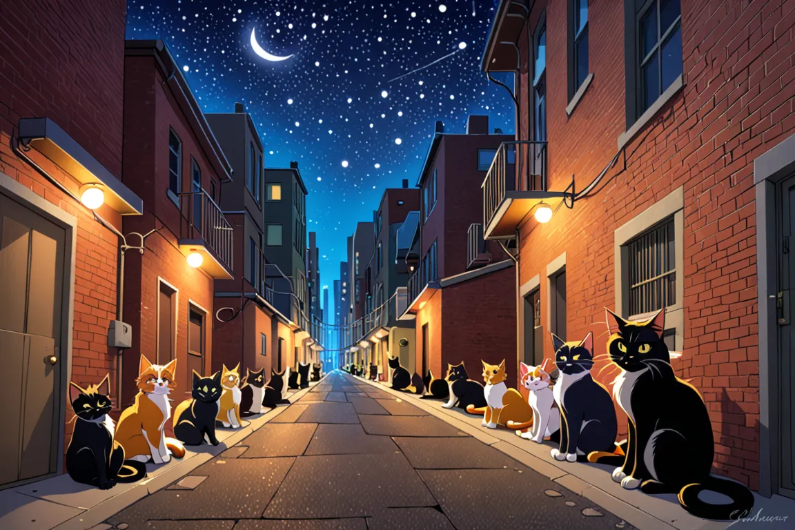 A clowder of alley cats in a city at night under the stars 