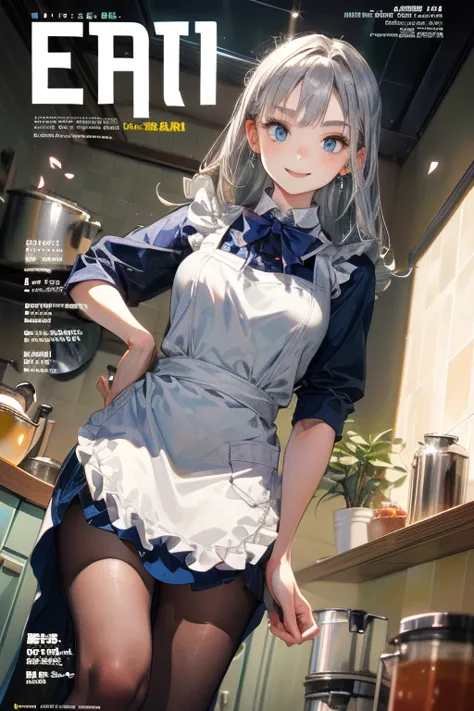 (from below:1.2),((1girl, silver hair, long hair, qutel blue eyes, beautiful eyes, pretty smile:1.5, ), coloring watercolor digital pencil ,Cherry blossoms falling,an animated painting of a woman in an apron standing at a coffee maker, 1girl, brown hair, s...