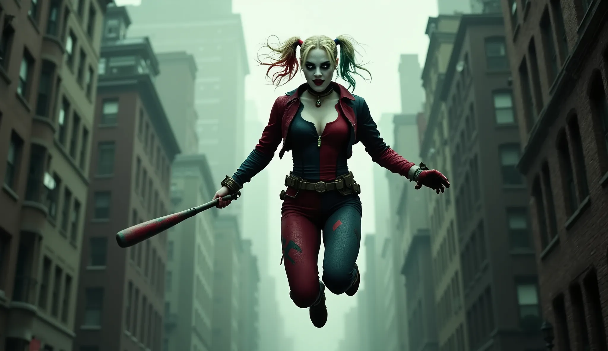 Harley Quinn (Scarlet Johansson) flying between buildings taking big steps in the air, scene photographed below, in one hand holding the emblematic baseball bat