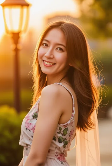 Depict a radiant young asian woman standing outdoors during the golden hour, bathed in the soft, warm glow of the setting sun. She is wearing a flowing, floral dress with delicate patterns, exuding elegance and a touch of romance. Her long hair cascades ge...