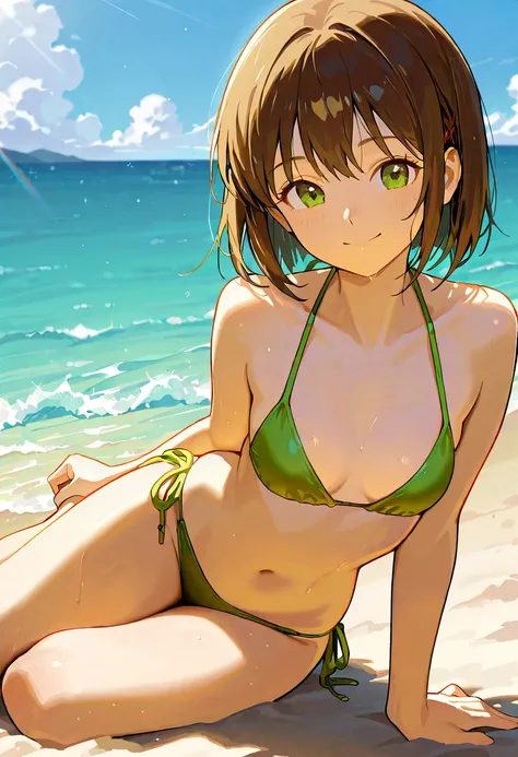 Side angle, low angle  Show the whole body 
A girl is lying alone on the sandy beach 
look at the viewer  Beautiful anime style portrait, Detailed portrait of beautiful anime style girl, 
Beautiful anime style portrait, Beautiful anime woman, 
Digital anim...