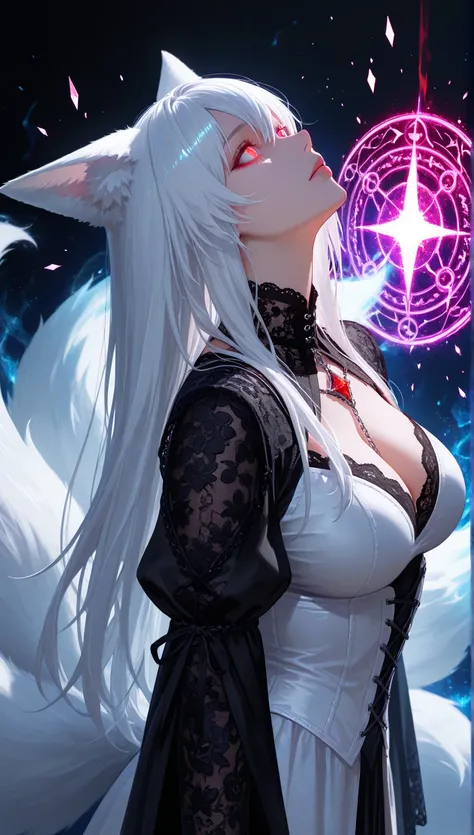 masterpiece, high score, great score, absurdres, close-up, beautiful woman, highres, ultra-detailed), realistic,,1 sweet girl, A mystical style character with long, flowing white hair and glowing red eyes, standing within an intricate, glowing blue magic c...