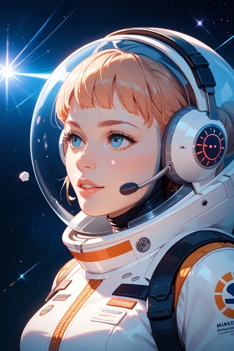 A woman in a futuristic spacesuit appears to be floating in space. However, a closer look reveals she's actually exploring the inside of a human brain. Neurons light up as she passes, forming constellations. Her helmet reflects complex thoughts and memorie...