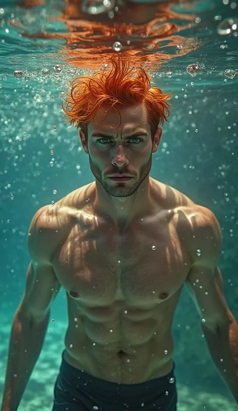  handsome man, redhead, green eyes, in a tight swimsuit,  underwater, seductive and sexy, the view is complete from a distant distance