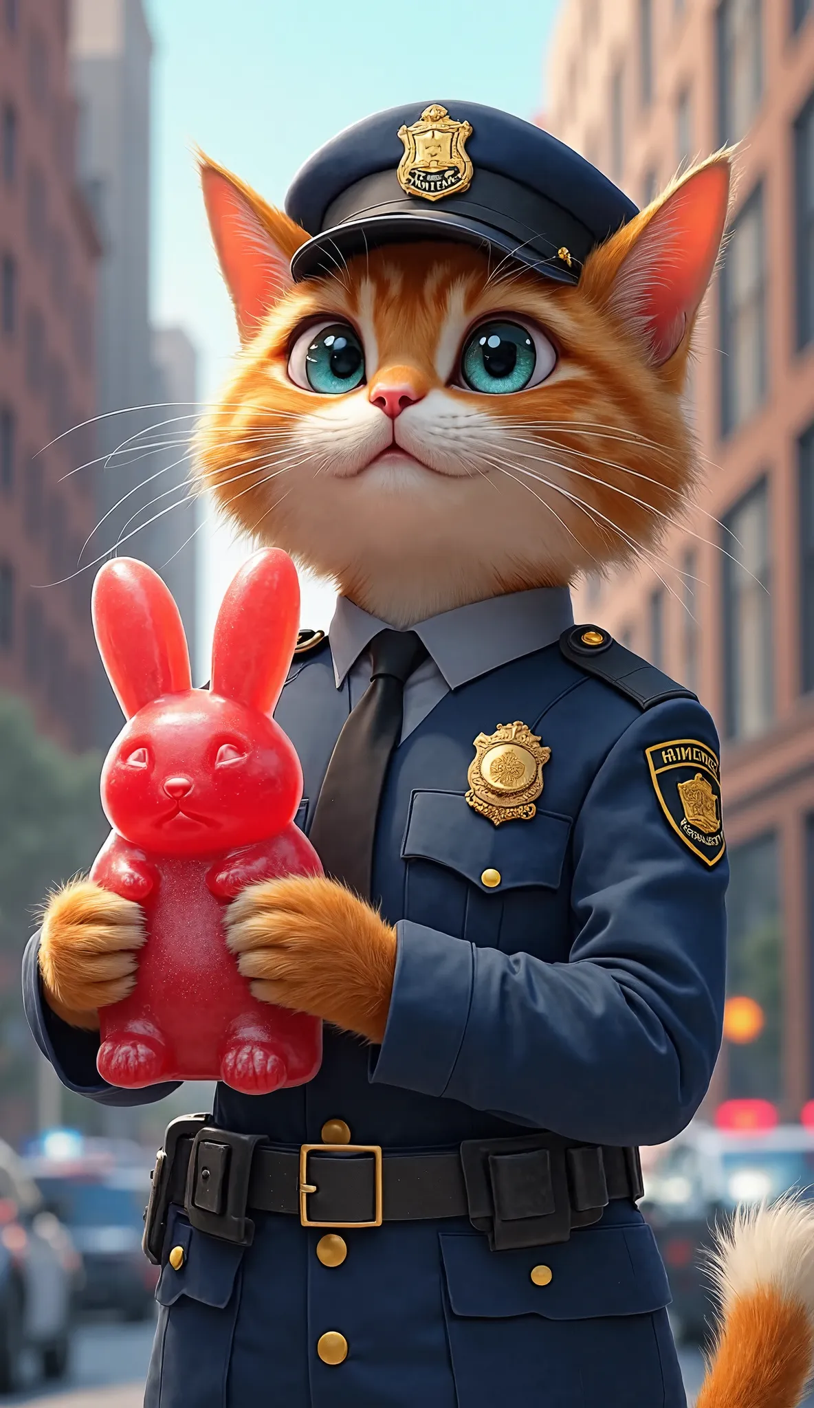 father cat(police uniform) carry a bunny shaped gummy candy