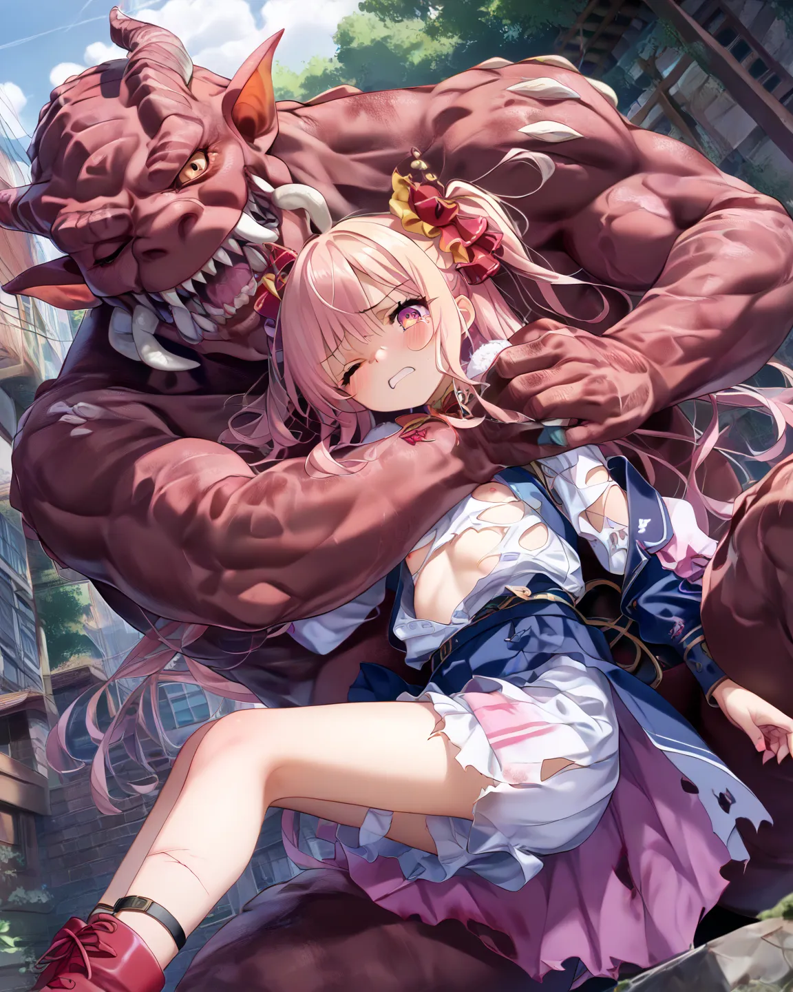  TOP QUALITY、((Ultra Fine Illustration)),(The girl&#39;s whole body is visible、 Anime Girl 、A monster defeated a girl:1.9), high definition,  Anime Girl 、cute、detailed skin texture with hair on back of hand, detailed fabric texture,   extreme detailed expl...