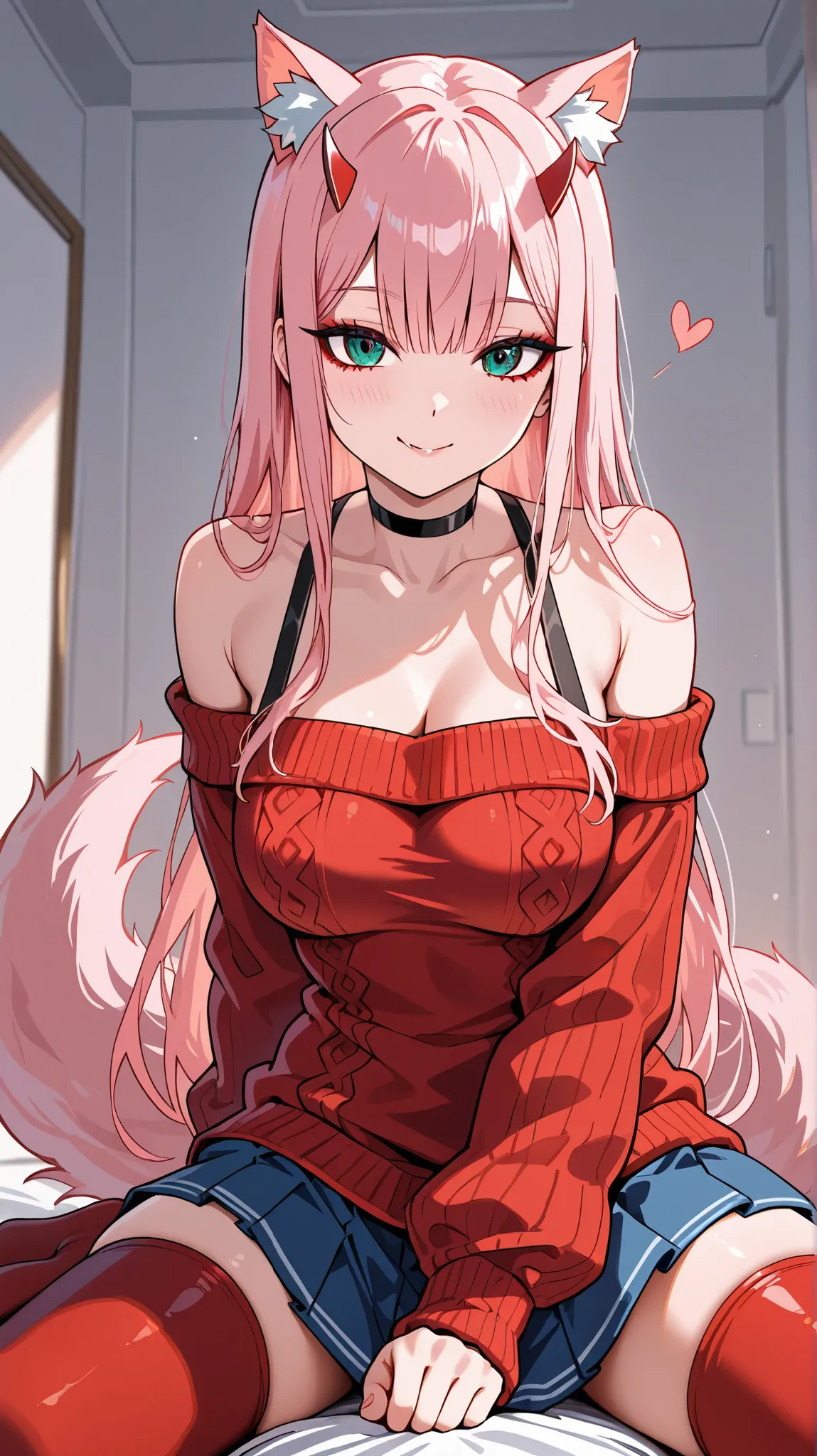 Waifu zero two,  red stockings, blue skirt, wearing a red sweater with bare shoulders, with wolf ears and tail ,HD model, sexy