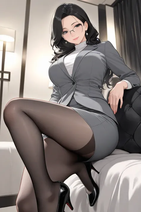 (High quality, 4K, Ultra-high resolution,High-definition illustrations, Masterpiece, extremely detailed),1 girl, medium height, mature lady, slender body, medium breast, black hair, long hair, black eyes with high lights, eye glasses, gray suits, gray jack...