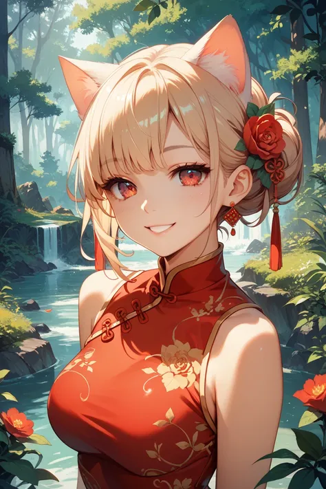 masterpiece, best quality, ultra-detailed, in the middle, forest, a cute girl, solo, Chinese dress, beautiful blond hair, beautiful red eyes, beautiful eyes, cat ears, smile