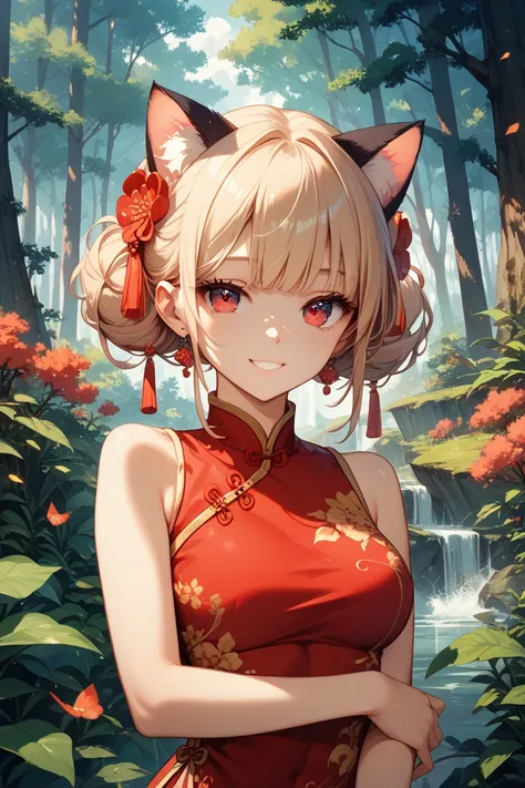 masterpiece, best quality, ultra-detailed, in the middle, forest, a cute girl, solo, Chinese dress, beautiful blond hair, beautiful red eyes, beautiful eyes, cat ears, smile