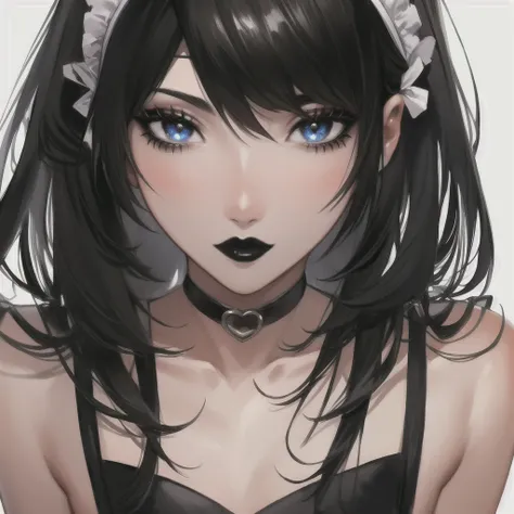 extreme close-up, portrait, solo, sfw, yuuki_kei, 1boy, long hair, black hair, choker, gothic, crossdressing, makeup, lipstick, black lips, maid headband, (flat chest:1.1), simple background, highres, Digital art, trending on artstation, best quality, insa...