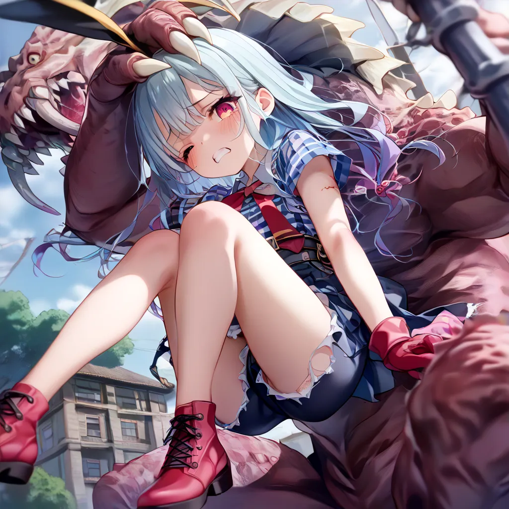  TOP QUALITY、((Ultra Fine Illustration)),(The girl&#39;s whole body is visible、 Anime Girl 、A monster defeated a girl:1.9), high definition,  Anime Girl 、cute、detailed skin texture with hair on back of hand, detailed fabric texture,   extreme detailed expl...