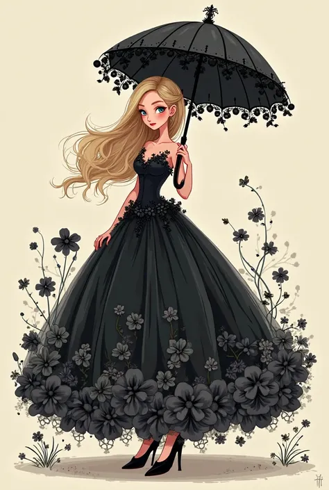 Create a tall cartoon girl with black flower all over the ball gown dress black heels black flower umbrella and blonde hair 