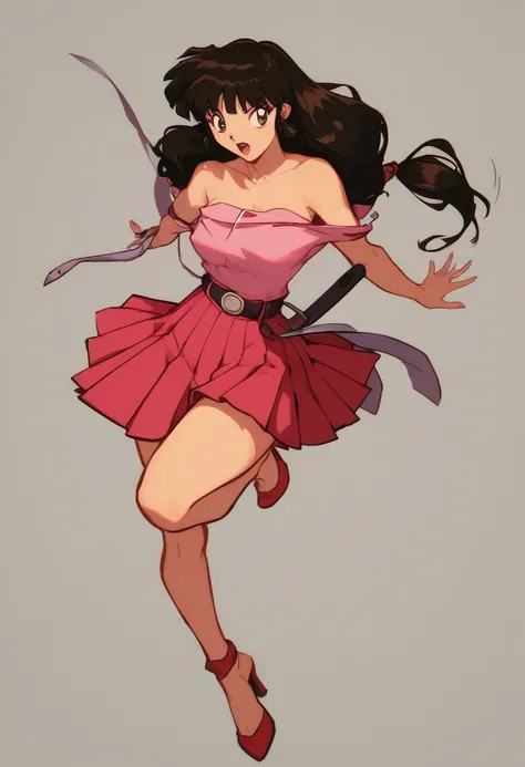 sango de inuyasha, brown hair,  split locks , long hair tied low, brown eyes, bare shoulders, strapless,  belt,  medium breasted, pink shirt, Pink mini skirt Pleated skirt , sentado en un sofá, full body, Open Legs, with lace-up heels tied around the legs ...