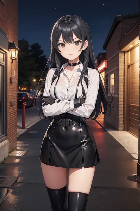 masterpiece, anime style, A young girl,  of foot, ( seen from the front ), ((( arms crossed ))), pretty face,  angry look, ((redness on the cheeks)), long black hair, detailed eyes,  black eyes,  choker : 1.6, (( long sleeve white shirt )), ( black gloves ...