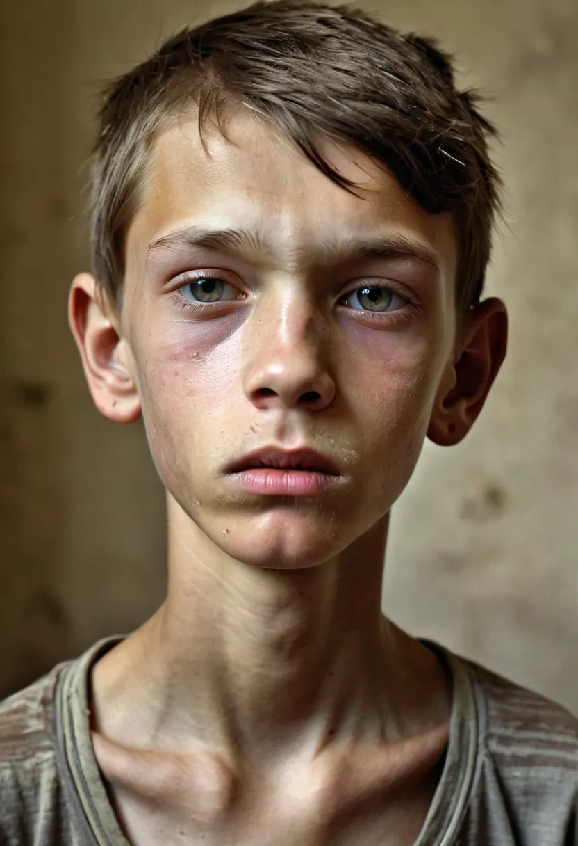 realistic portrait of a gaunt 13-year old Russian boy, emaciated and tough-looking