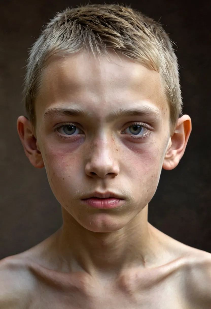 realistic portrait of a gaunt 13-year old Russian boy; emaciated and athletic