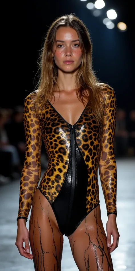 a beautiful wet young aged woman wearing a shiny latex bright golden jaguarprint leopard panther creative designer ripped cut wetsuit extreme highrise leotard crotch. Pointy hipbones pushed outfront, lots of bright light. Well-lit runway spotlight yungmode...