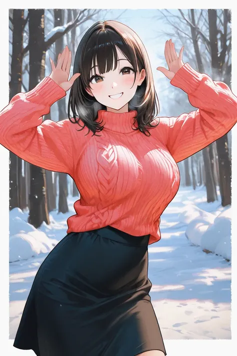 High quality texture, solo,one girl,Older sister, cute, medium hair,cute monochromatic sweater,., a long black skirt,　smile,　sexy pose, random composition ,Random situations,winter,slightly larger breasts