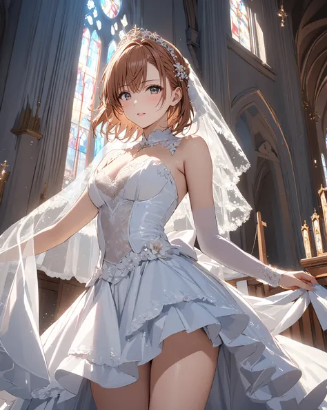 floats into the air, seaside church, bride, ( Misaka Mikoto), masterpiece, highest quality, UHD, retina, masterpiece, accurate anatomy, super detailed, high quality, best quality, 8k