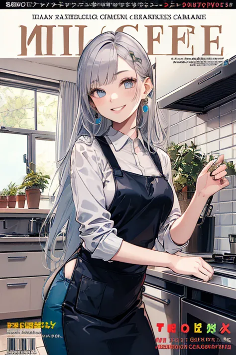 (from below:1.2),((1girl, silver hair, long hair, qutel blue eyes, beautiful eyes, pretty smile:1.5, ), coloring watercolor digital pencil ,Cherry blossoms falling,an animated painting of a woman in an apron standing at a coffee maker, 1girl, brown hair, s...