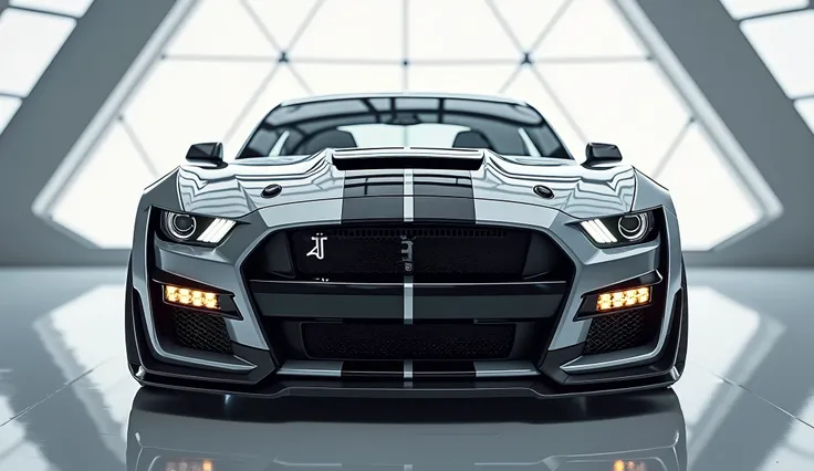 Generate the image exterior An ultra-realistic, futuristic front view of a  (2026 Shelby GT500 )  [grey) seating pristine showroom The frontal plate reads(  Shelby  ].