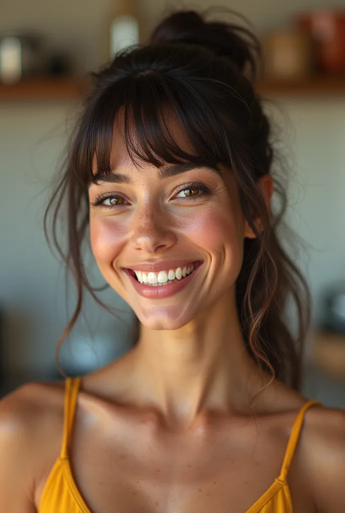 Photo of a woman smiling,  portrait,  Brazilian, with kitchen background and as little robotic as possible,  light-skinned fringe