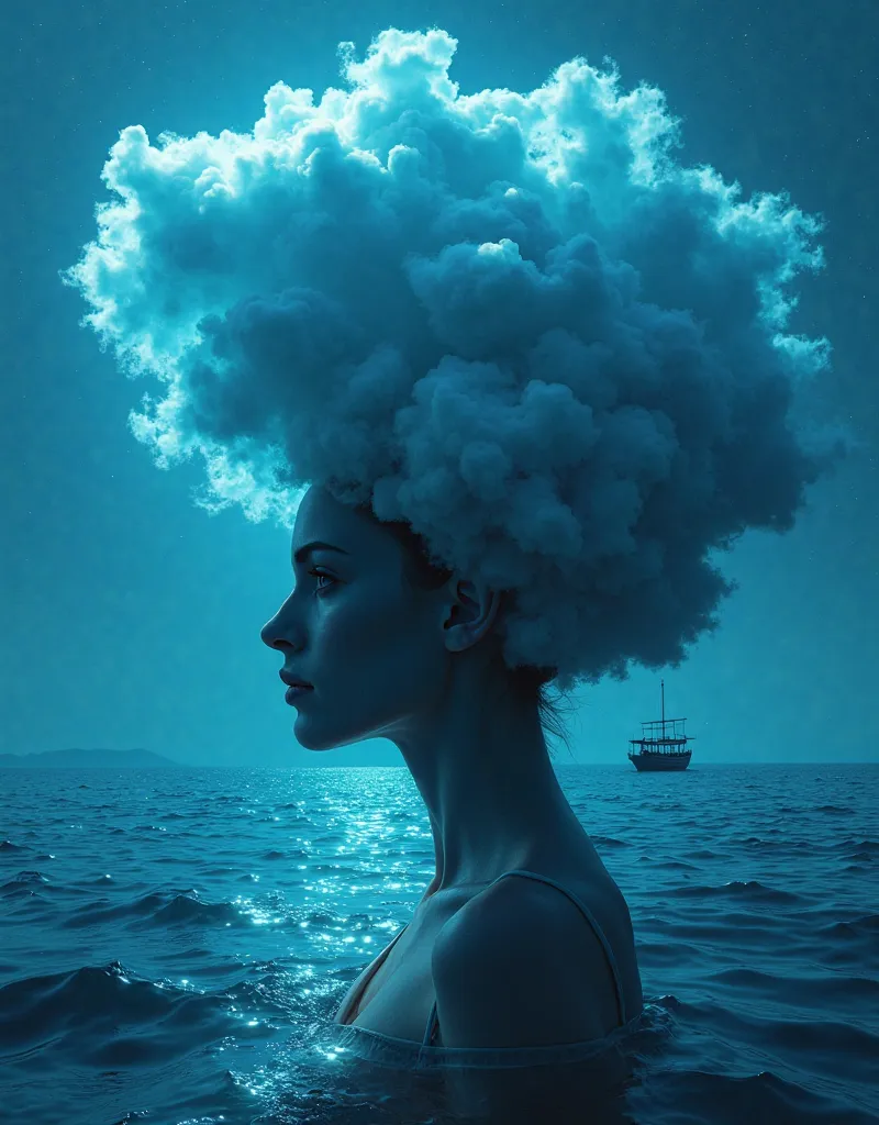 Visualize a surreal ocean illuminated by the black hour's glow. At the center is a side full body profile of a woman with a photo-realistic face resembling an actual human. Starting from her detailed eyes, nose, and chin, the rest of her head transitions i...