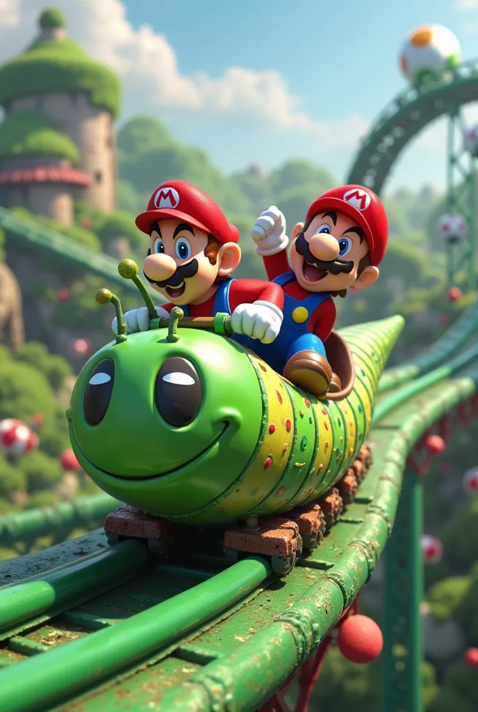 Mario Bros on a green caterpillar roller coaster