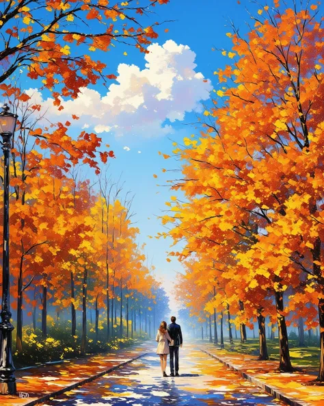 oil painting, A Single Cloud in the Sky, tree, tree-lined street, scenery, autumn leaves, outdoors, couple, walking, lamp post, clear skies, blue sky, dappled sunlight, shadow, fallen leaves, (masterpiece, best quality:1.2) 