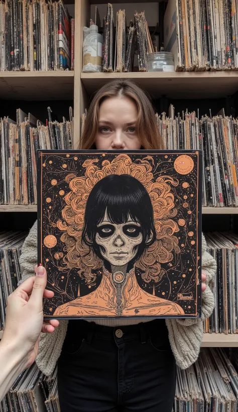  Fisheye 、record shelves,  Tim Doyle , inspired  Tim Doyle , by Ken Elias , Close up of a woman holding a record jacket in front of Infinite Records, by Dickie Doyle, discogs,  Jesse Richards ,  Douglas Smith , vinyl, by Dean Ellis, by Billy Colgan,  , by ...