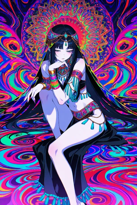 [gyaru:1.3], cool beauty, black hair, slender body, half-closed eyes, rest, Arabian exotic fashion, tropical motif room, feet out of frame, neon color, psychedelic,